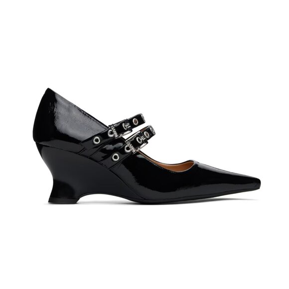 GANNI Black Eyelets Low Wedge Heels Size 37 - Picture 4 of 7